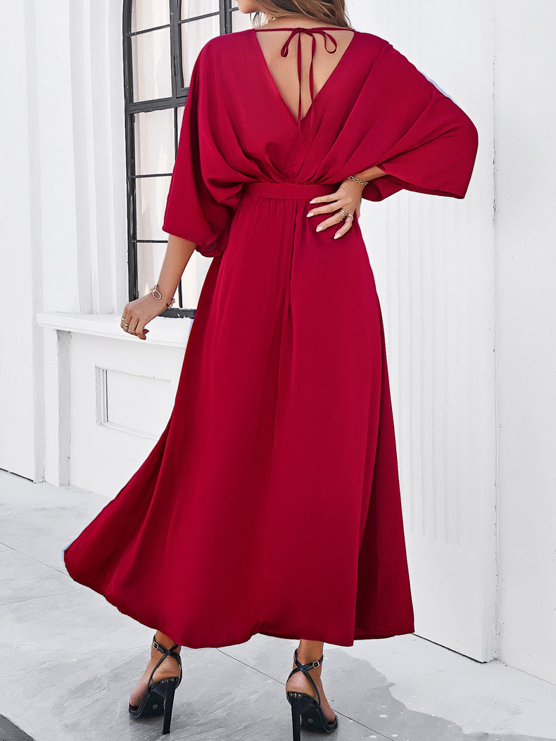 Red Elegant V-Neck Temperament Loose Dress