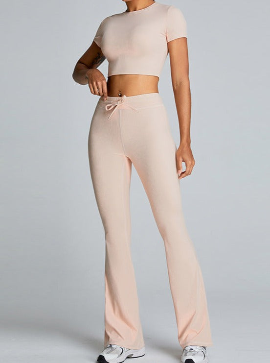 Pink Slit-Flared Butt-Lifting Drawstring Fitness Pants