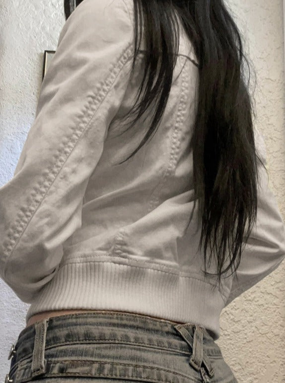 Weiße lässige Jeansjacke mit Reißverschluss 