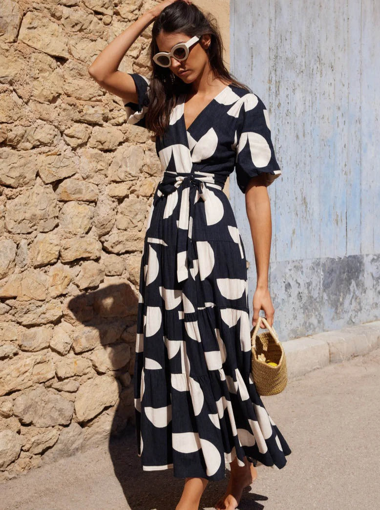 Temperament Leisure V-Neck Printed Mid-Length Dress