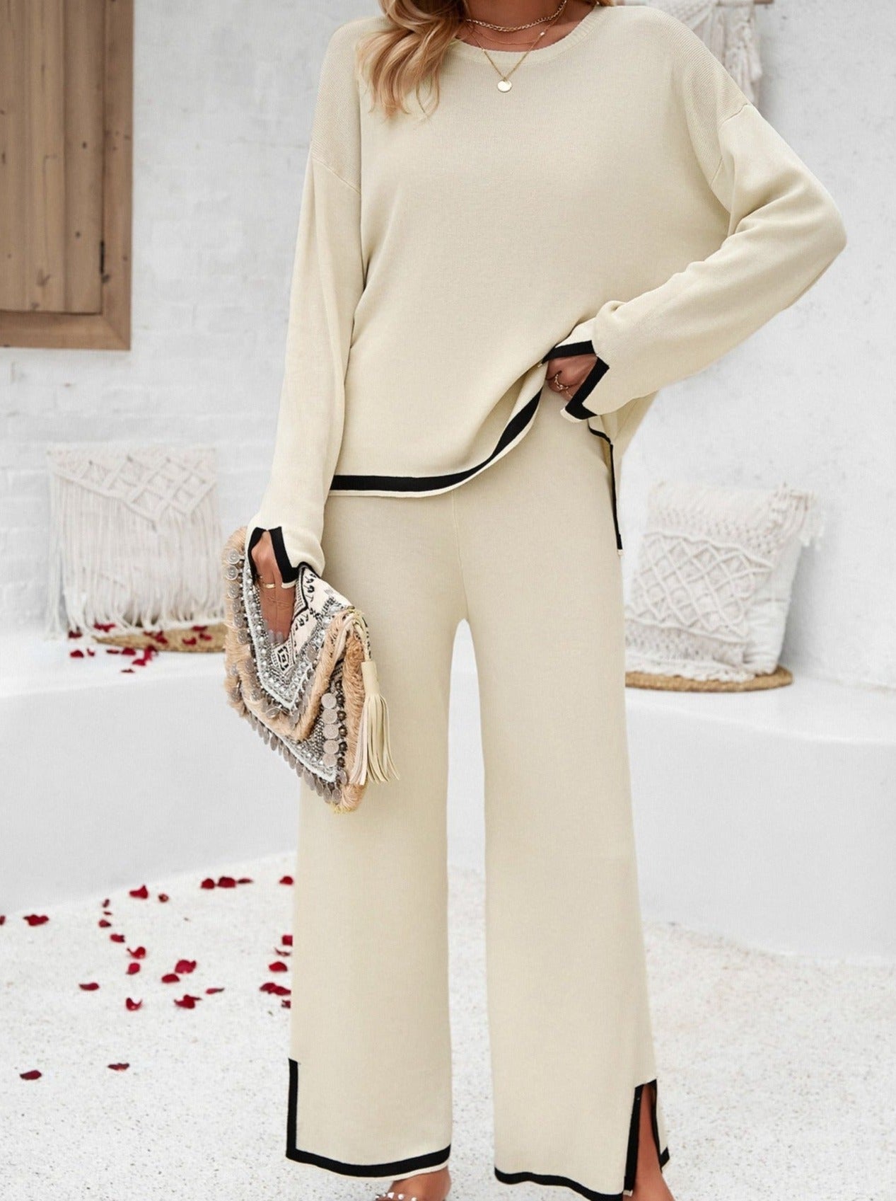 White Knitted Long-Sleeve Shirt and Small Slit Long Pants Suit