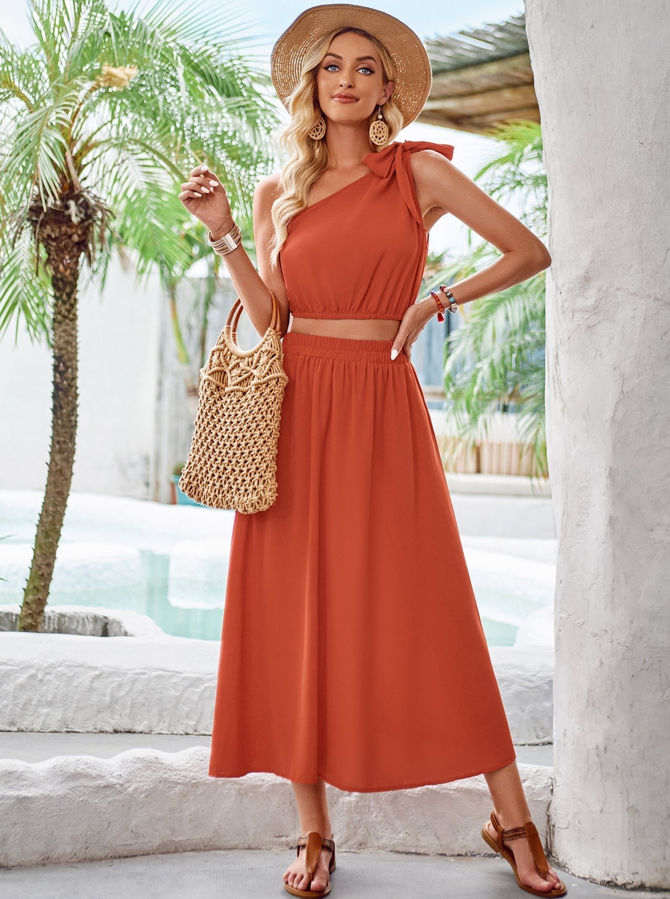 Two Piece One Shoulder Asymmetrical Top High Waisted Skirt