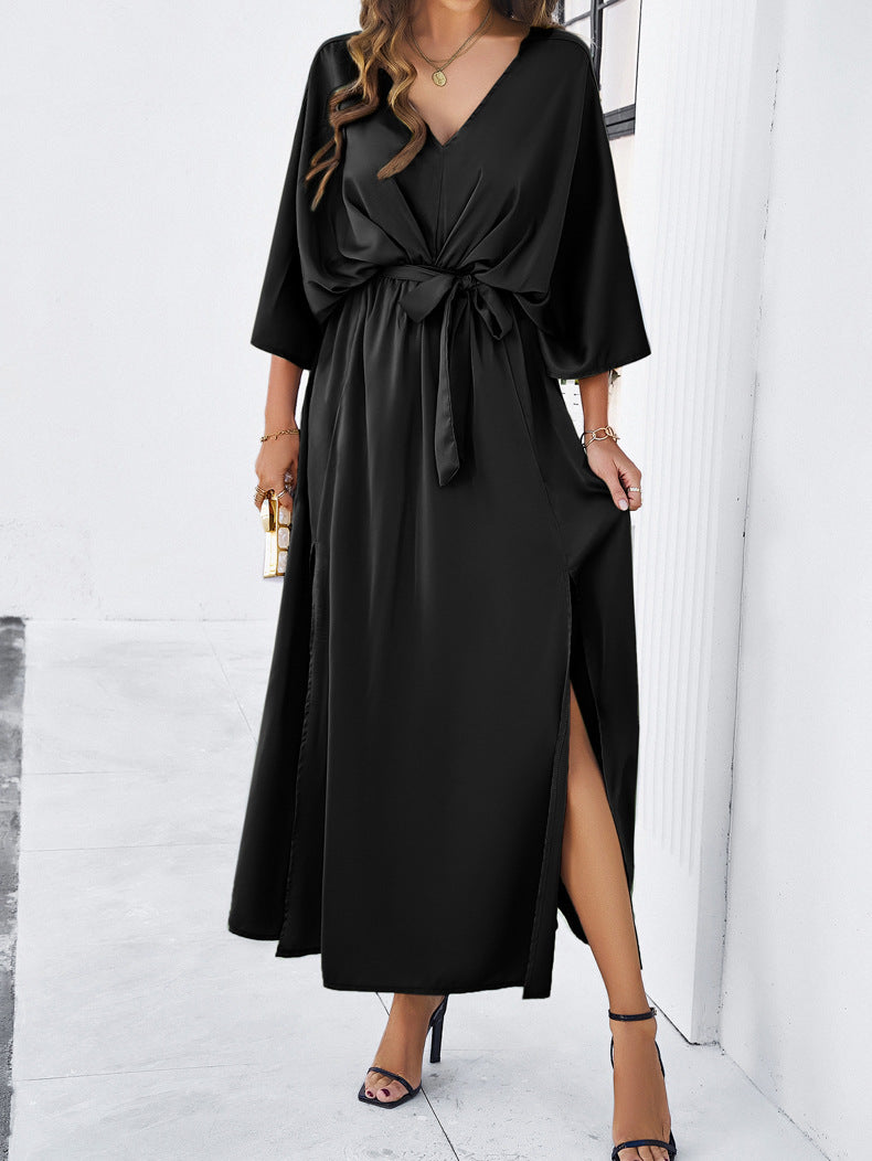 Black Elegant V-Neck Temperament Loose Dress