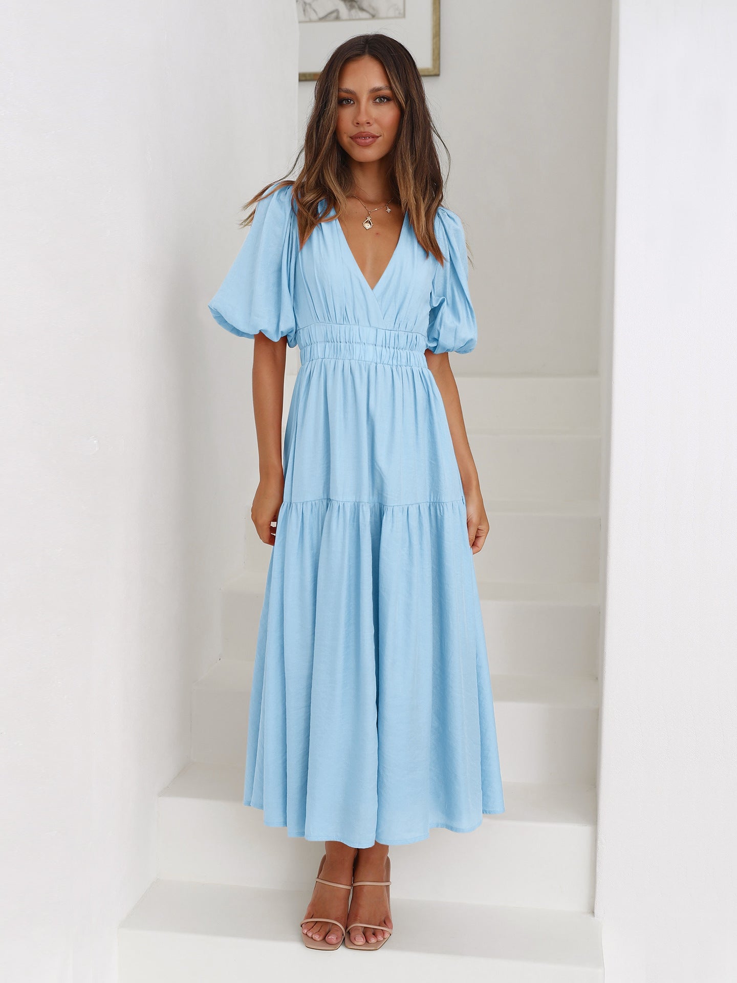 Sky Blue Deep V-Neck Puff Sleeve Layered Dress