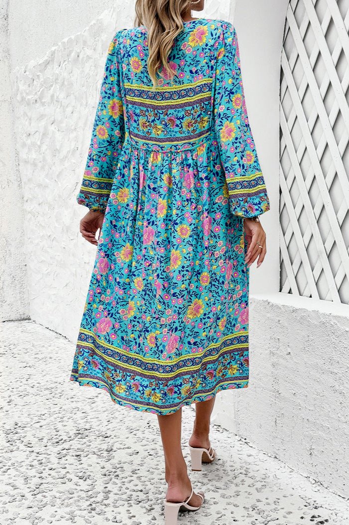 Stylish Blue Floral Long Lantern Sleeve Midi Dress