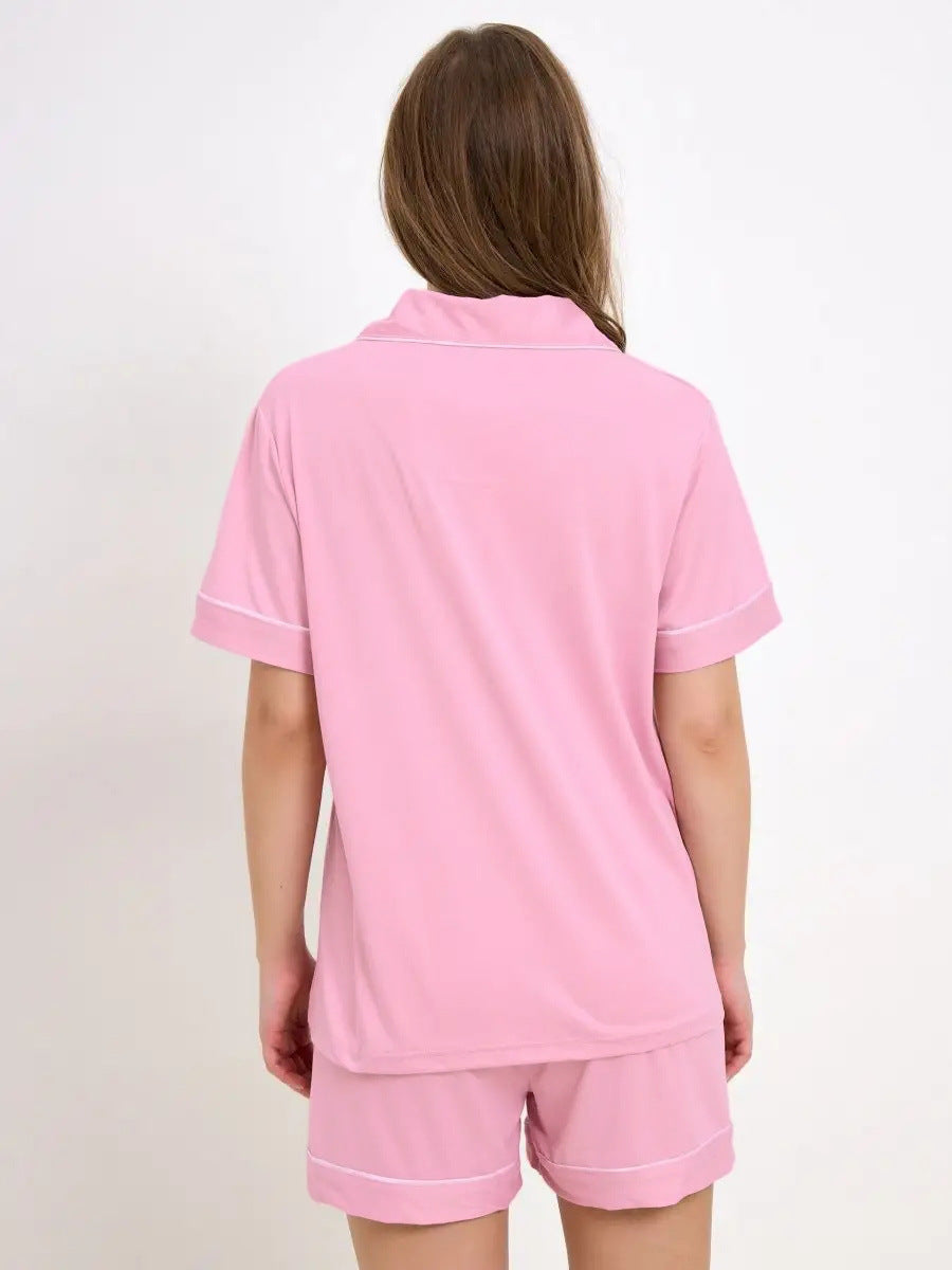 Pink Plain Two Piece Short Sleeve Loose Knitted Set