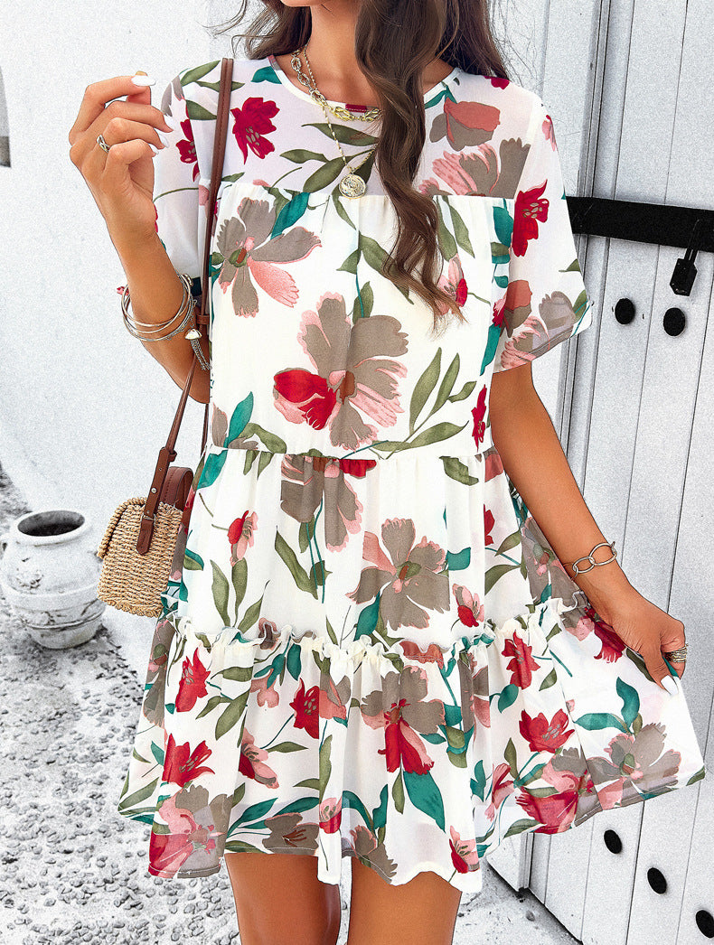 White Leisure Vacation Printed Short-Sleeved Dress