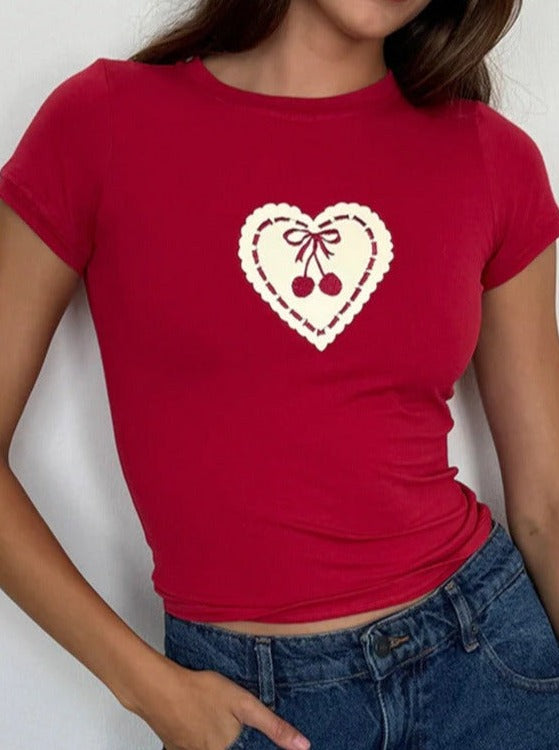 Camicia girocollo stampata con cuori di ciliegia 