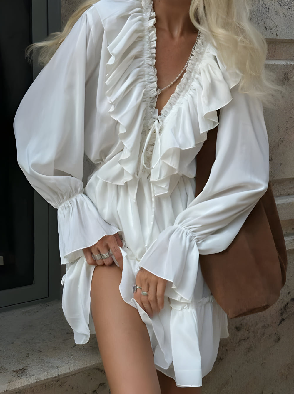 Pleated Ruffled V-Neck White Dress