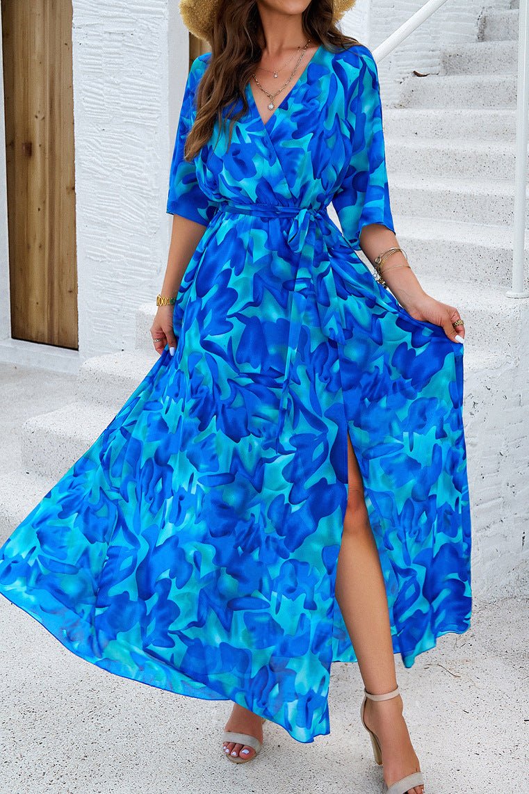 Blue Floral V-Neck Wrap Around Belted Midi Dress