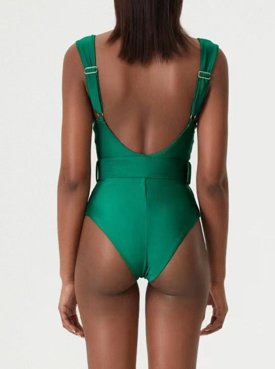 Grüner sexy Bikini-Badeanzug mit V-Ausschnitt, Gürtel und hoher Taille 