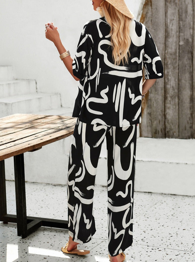Casual Black Overall Printed Loose Button Down Shirt and Pants Set