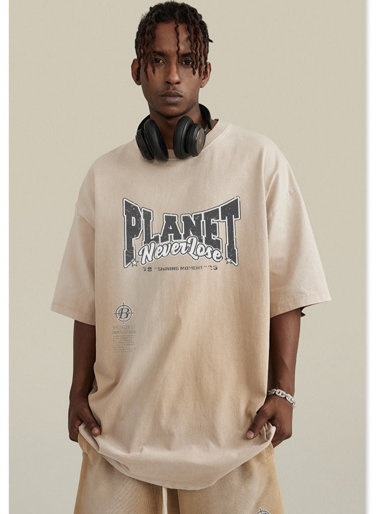 Frühlingsbeige Oversize-Hemd mit Basic Planet-Print 