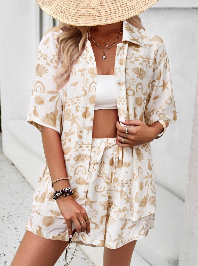 Collared Buttoned Printed Shirt and Short Set