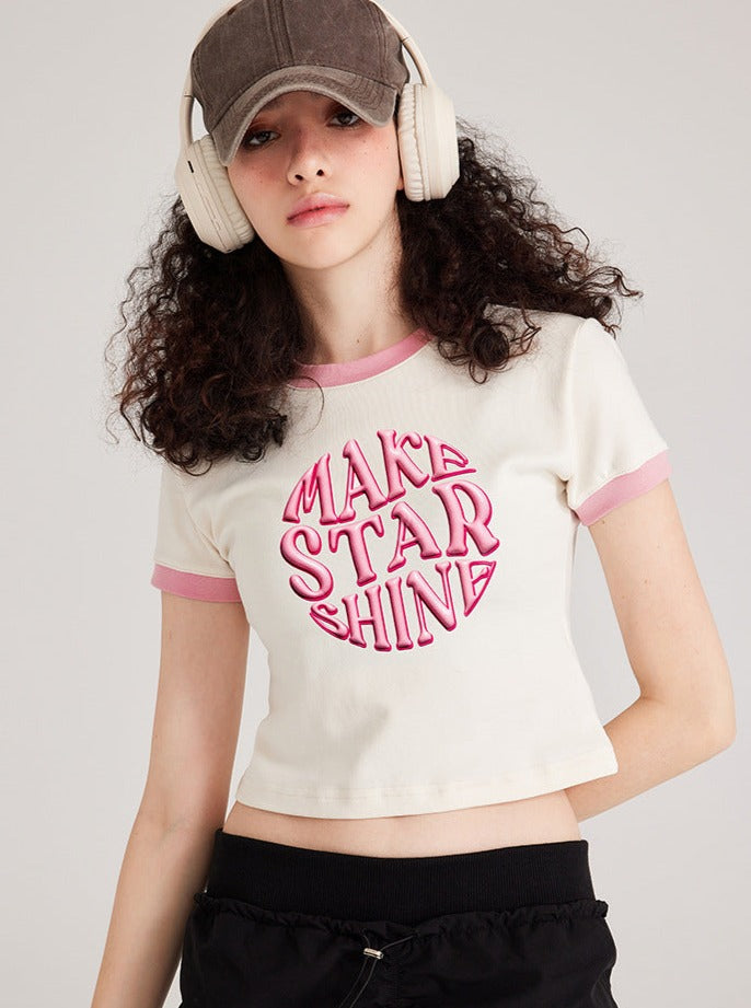 Pink Round Collar Short-Sleeved Sexy Top