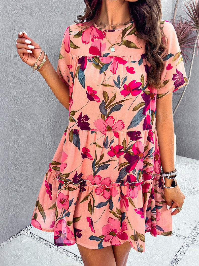 Pink Leisure Vacation Printed Short-Sleeved Dress