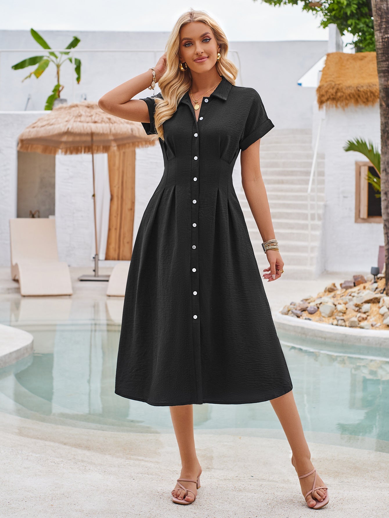 Plain Buttoned Tucked Shirt Short Sleeves Maxi Dress