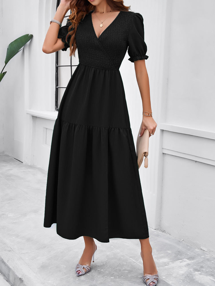 Black V-Neck Short Sleeved Long Dress