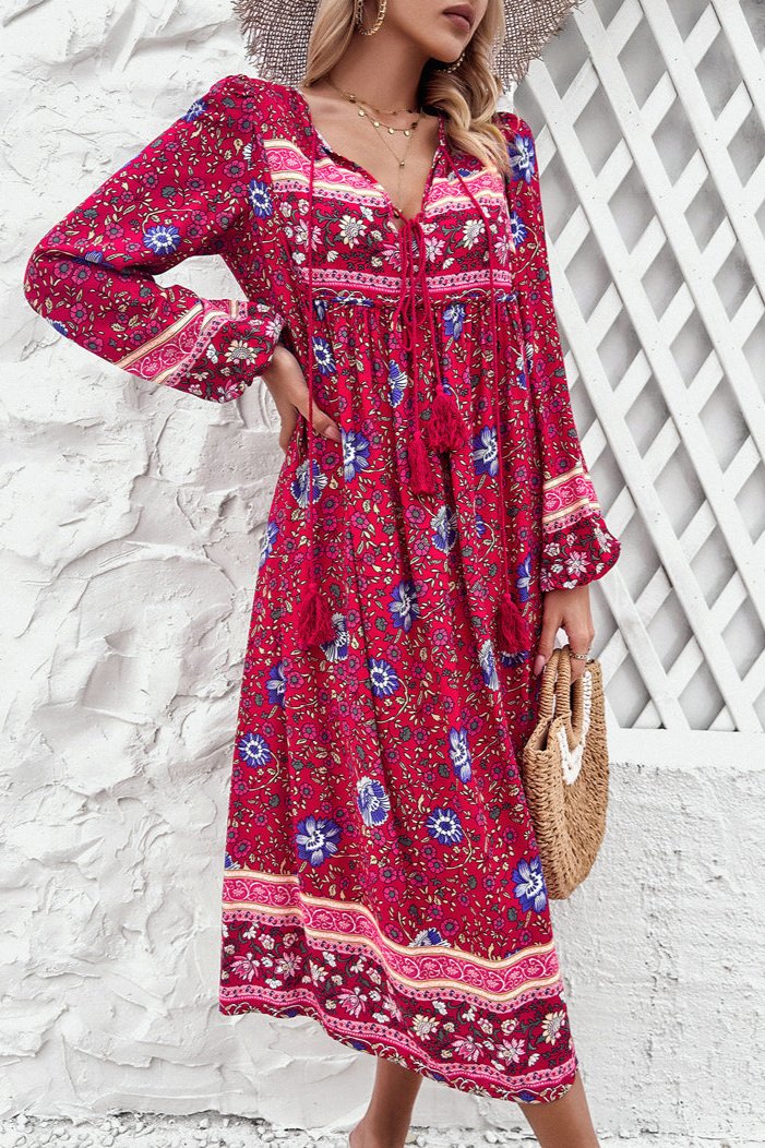 Stylish Floral Long Lantern Sleeve Midi Dress