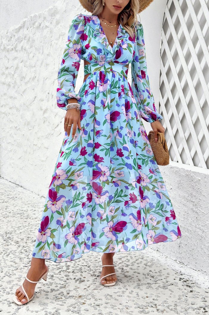 Long Sleeve Deep V-Neck Floral Maxi Dress