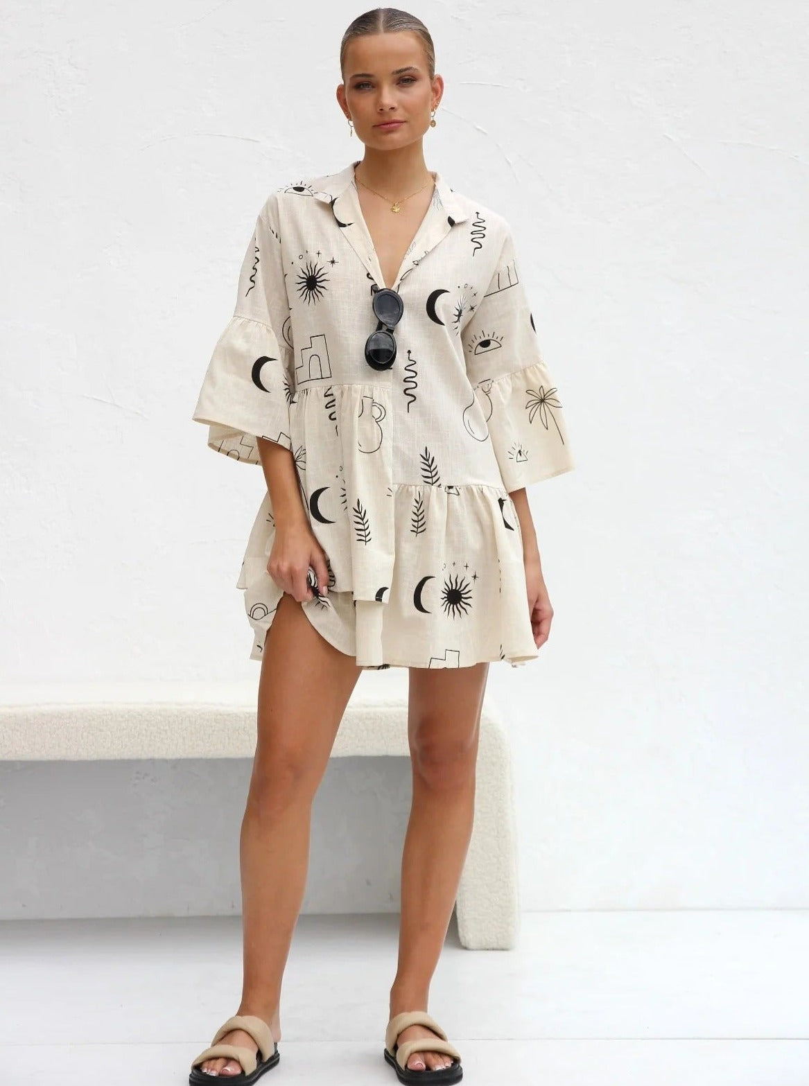 Simple Black Moon Ethnic Style Loose Shirt Short Dress