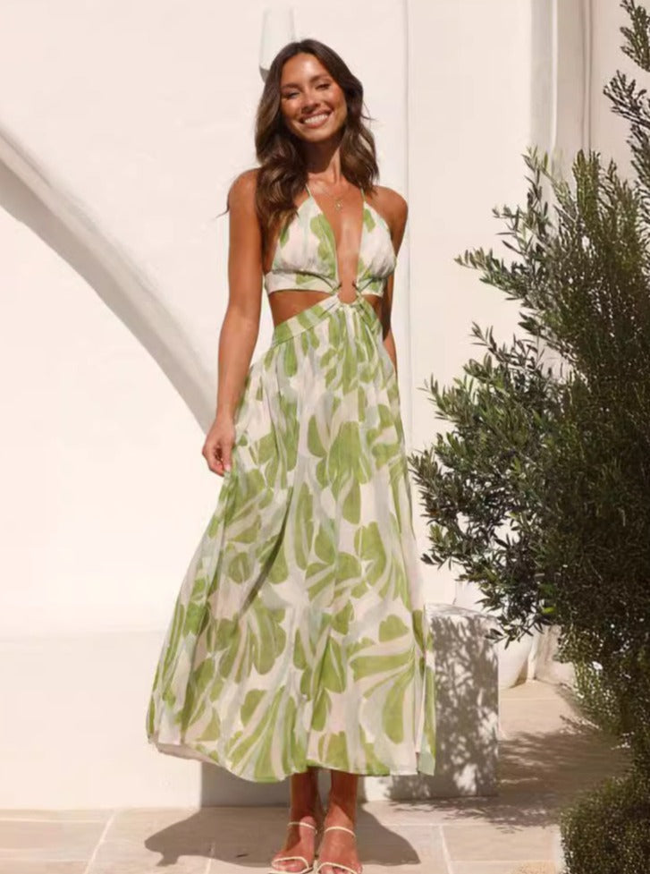 Rückenfreies Kleid mit tiefem V-Ausschnitt und tropischem Print 
