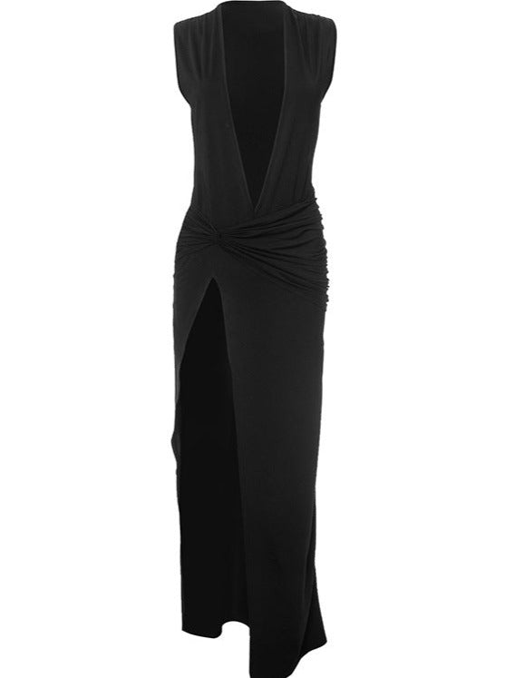 Schwarzes sexy Kleid mit tiefem V-Ausschnitt und Schlitz 