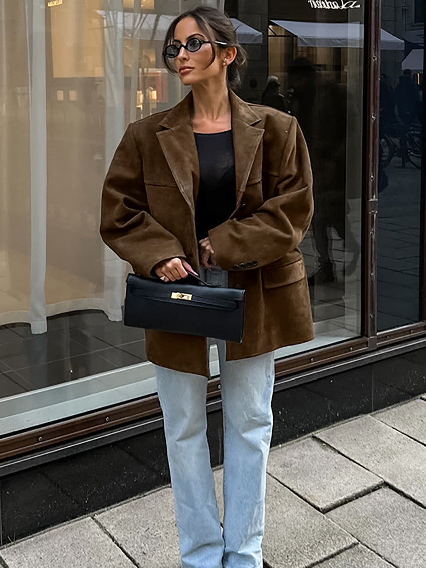 Casual  Brown Suede Blazer Jacket