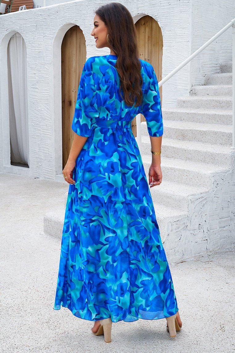 Blue Floral V-Neck Wrap Around Belted Midi Dress