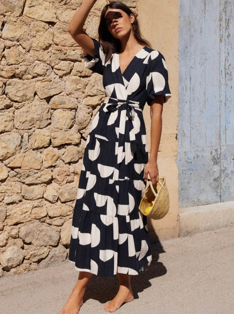 Temperament Leisure V-Neck Printed Mid-Length Dress