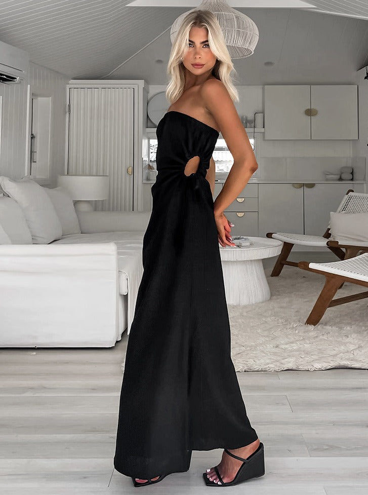 Slim-Fitting Tube Top Slit Wrinkled Black Long Dress