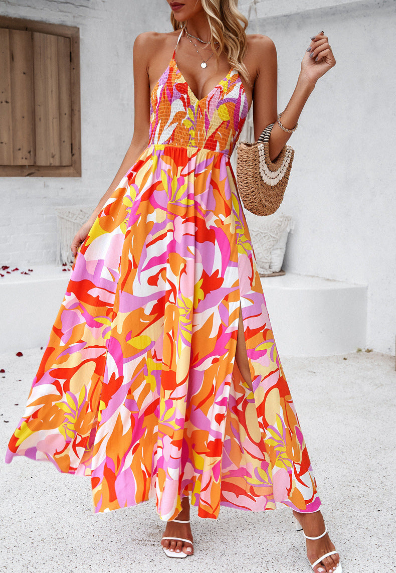 V-Neck Tie Back Printed Long Dress