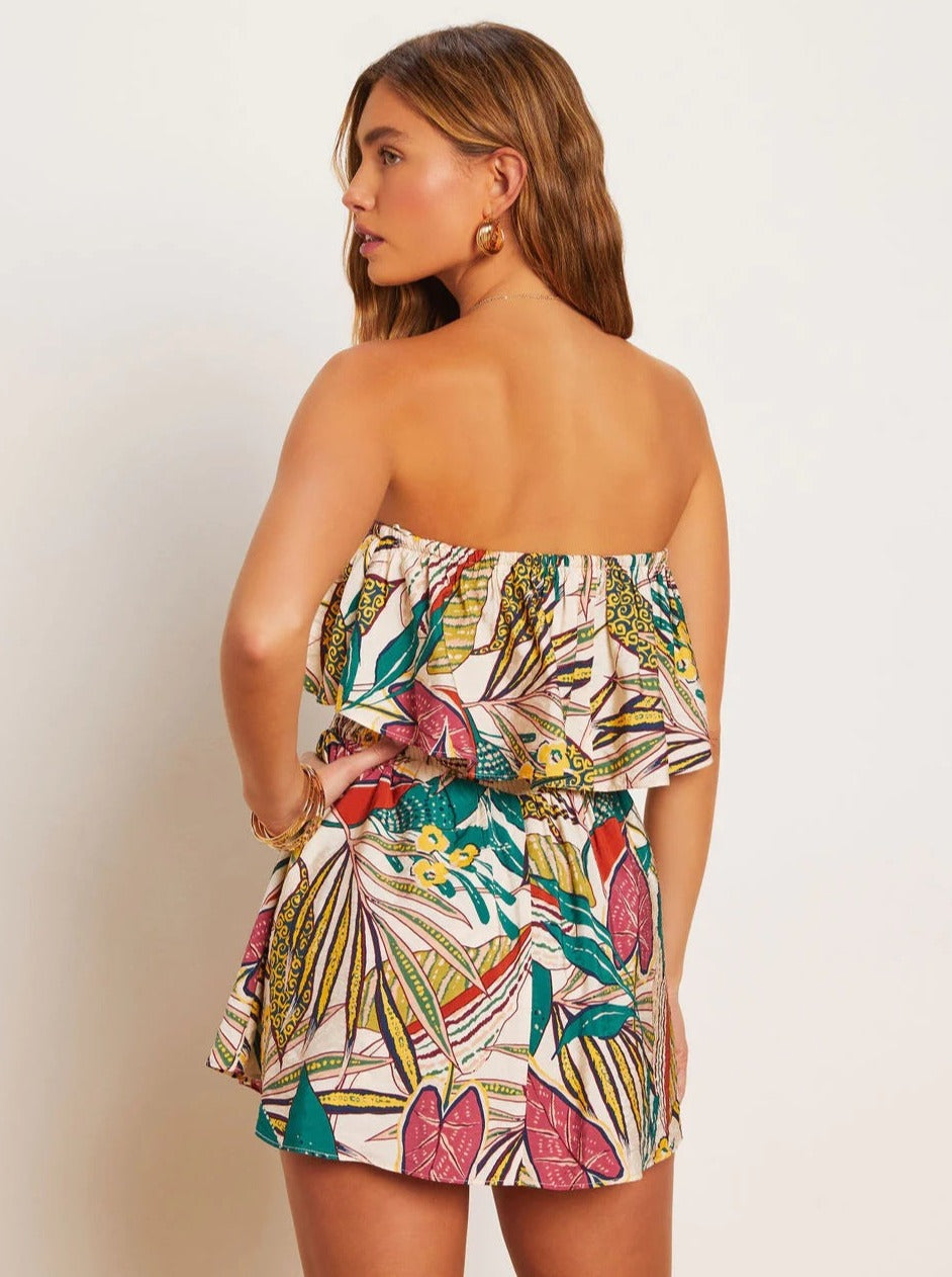 Green Strapless Tropical Printed Tube Top Dress