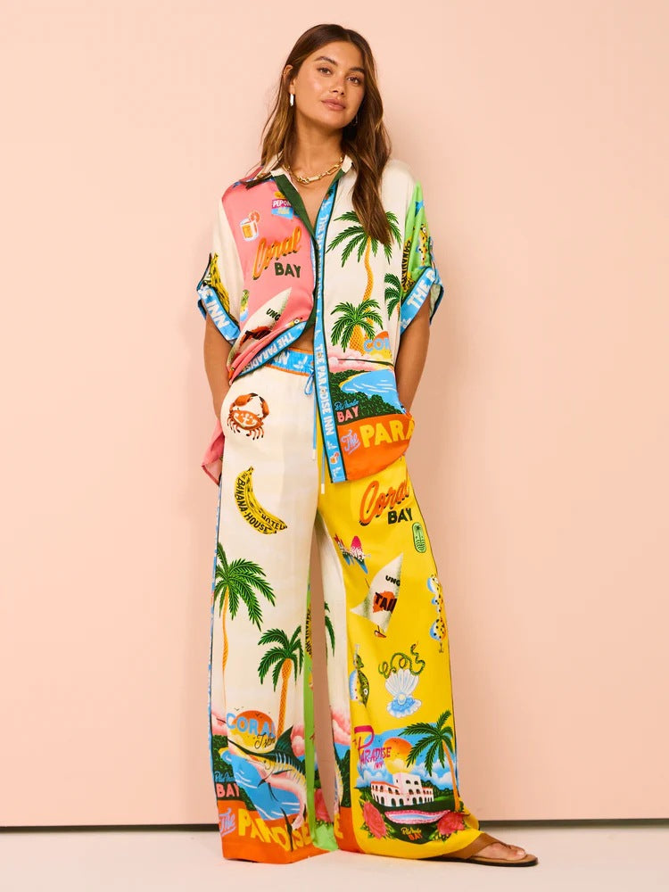 Sunny Beach Style Printed Two Piece Set Pants