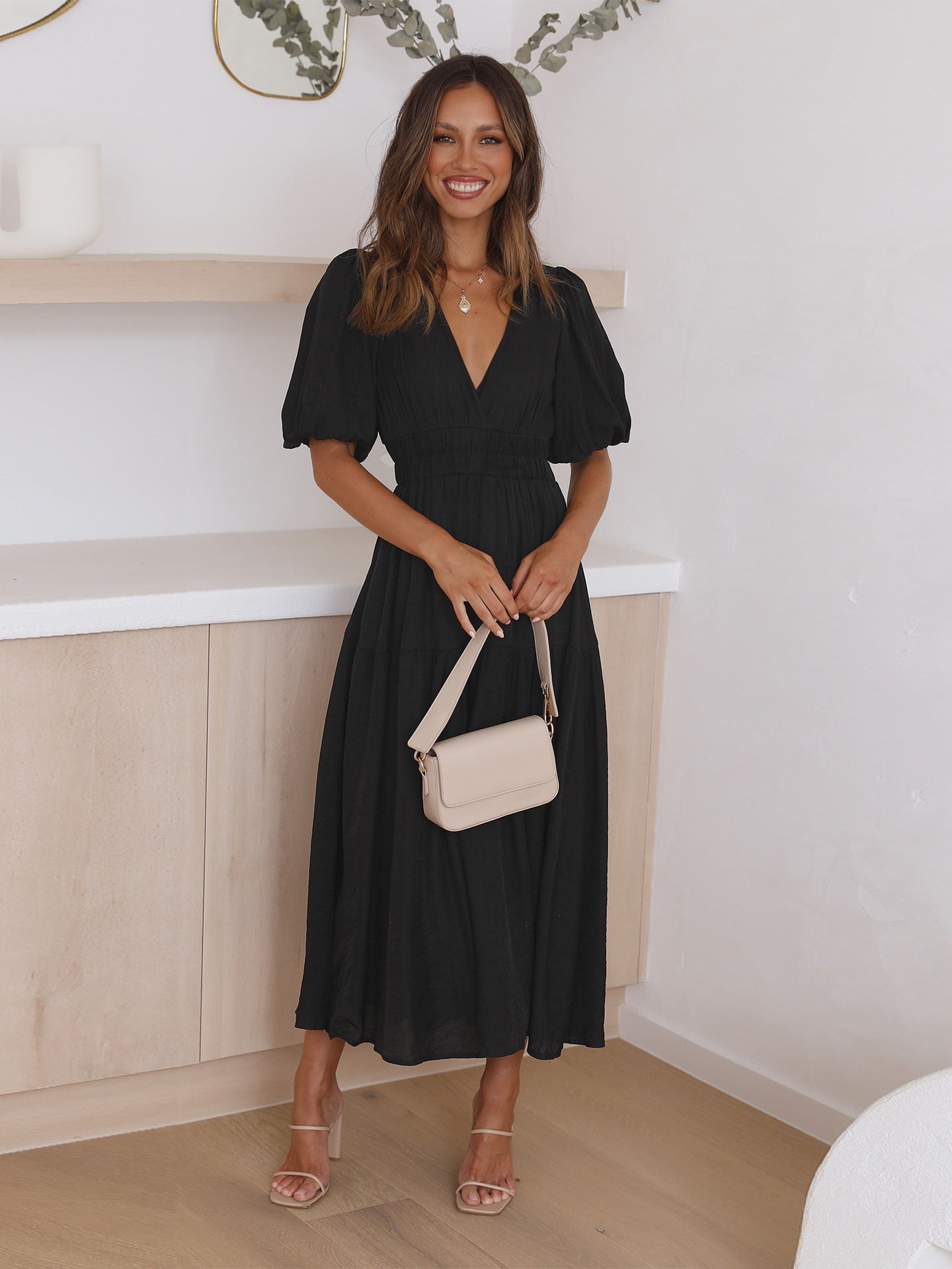 Black Deep V-Neck Puff Sleeve Layered Dress