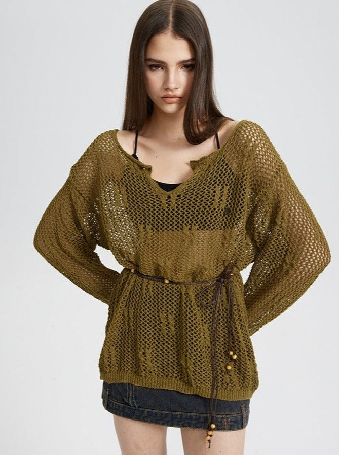Sexy Bohemian Long-Sleeve Notch Neck Knitted Sweater with String Belt