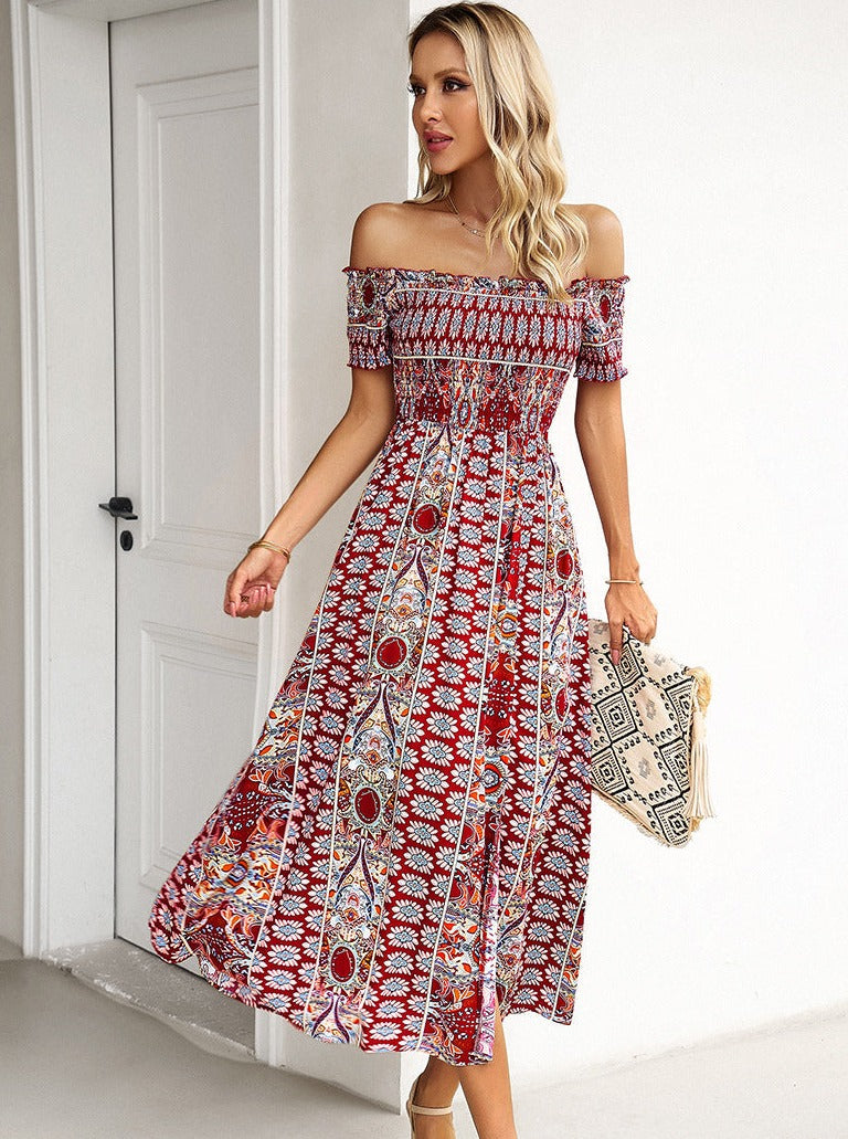 Red Off Shoulder Bohemian Printed Dress