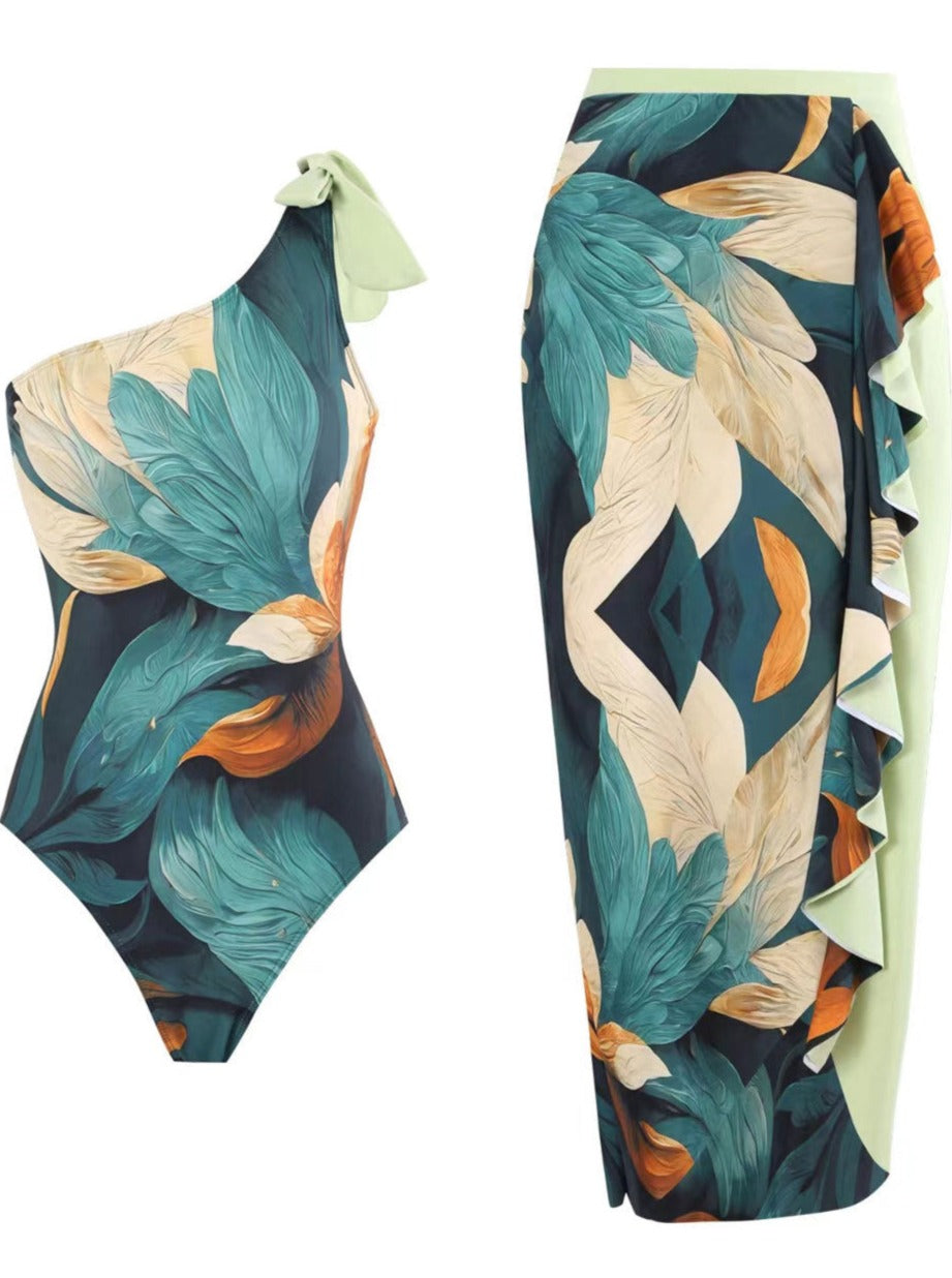 Set aus One-Shoulder-Badeanzug und Rock mit tropischem Print 