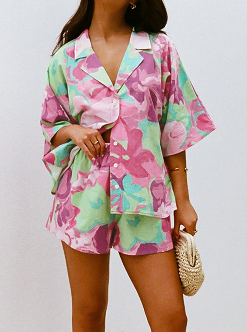 Floral Two Piece Short Sleeve Top Short Two Piece Set