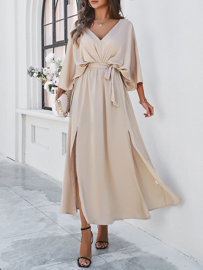 Apricot Elegant V-Neck Temperament Loose Dress