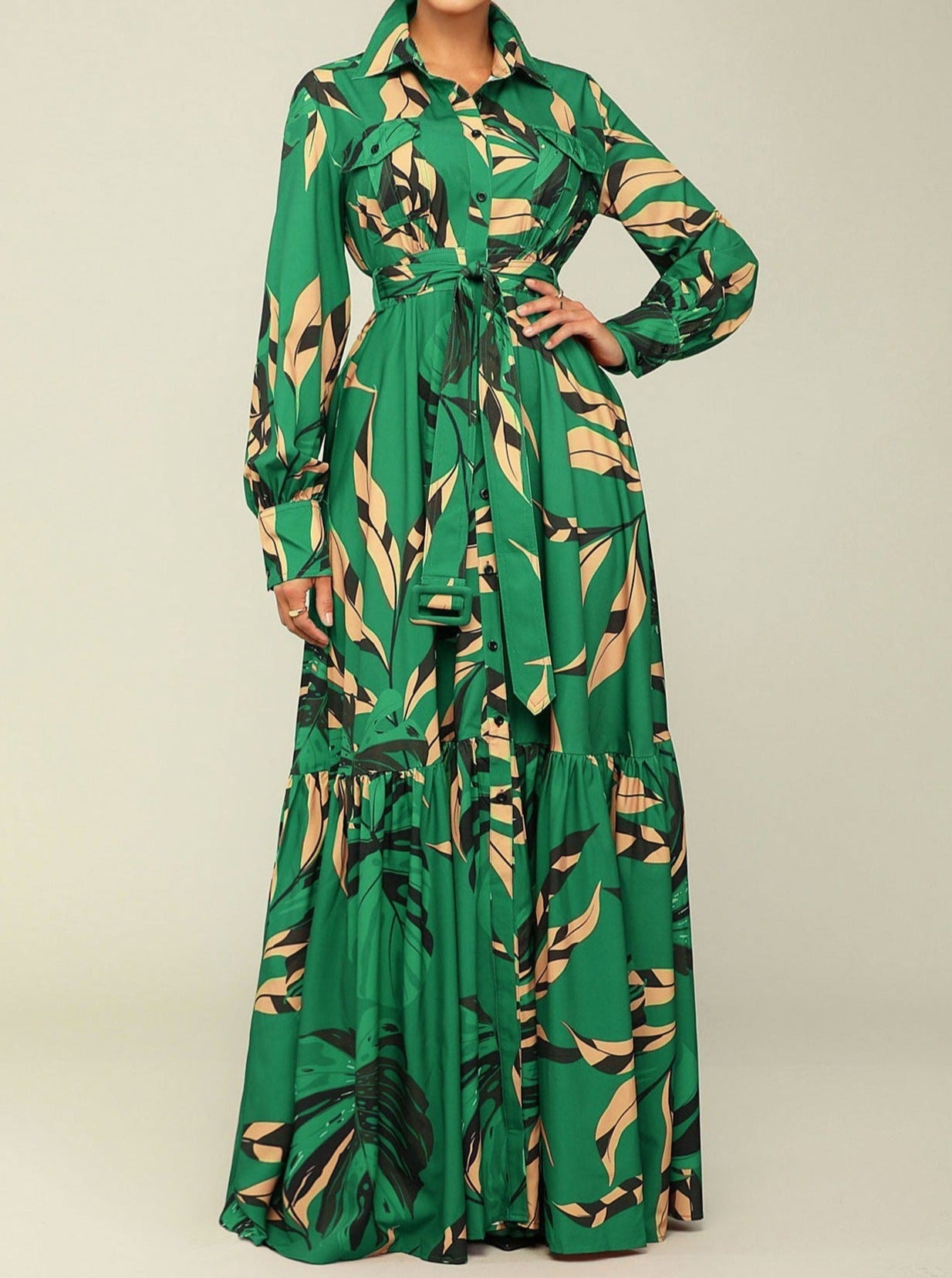 Women's Lapel Tie Printed Long-Sleeved Long Dress