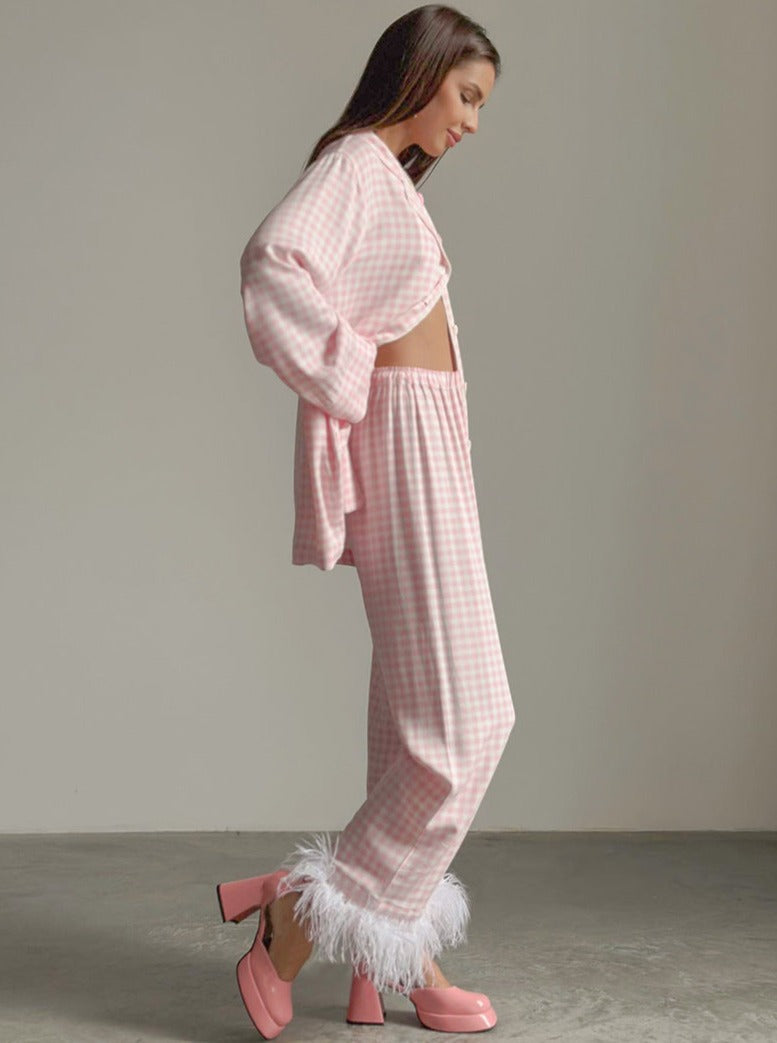 Pink Plaid Loungewear Long Sleeve Sleepwear Two Piece