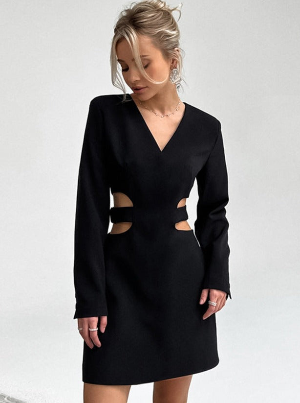 Elegant Black Long Sleeve V-Neck Waist Cut-Out Mini Dress