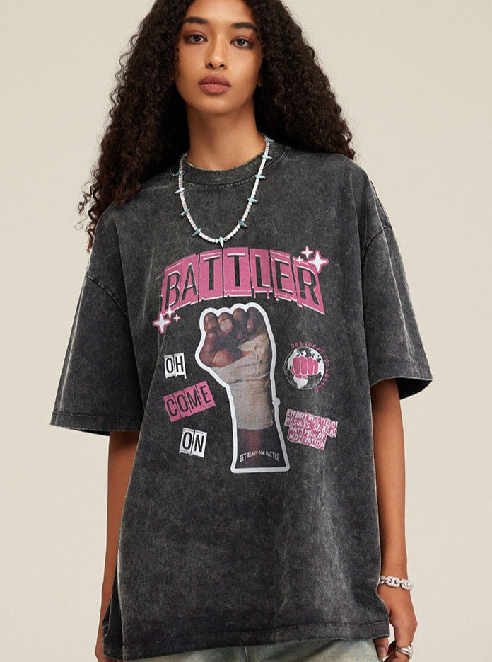 Lockeres T-Shirt mit Retro-Print und halblangen Ärmeln 