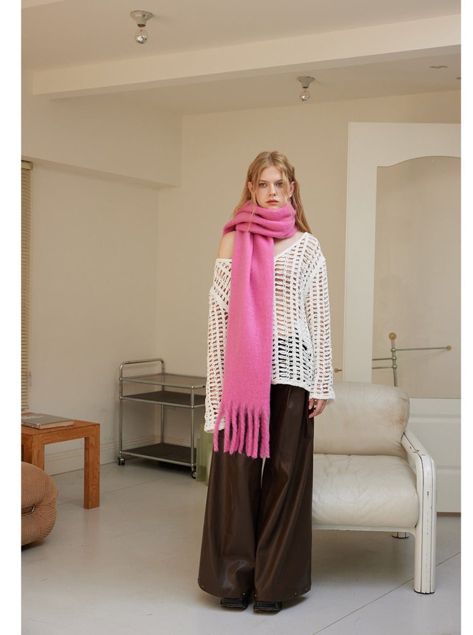 Sciarpa lavorata a maglia in lana morbida e calda viola e rosa 