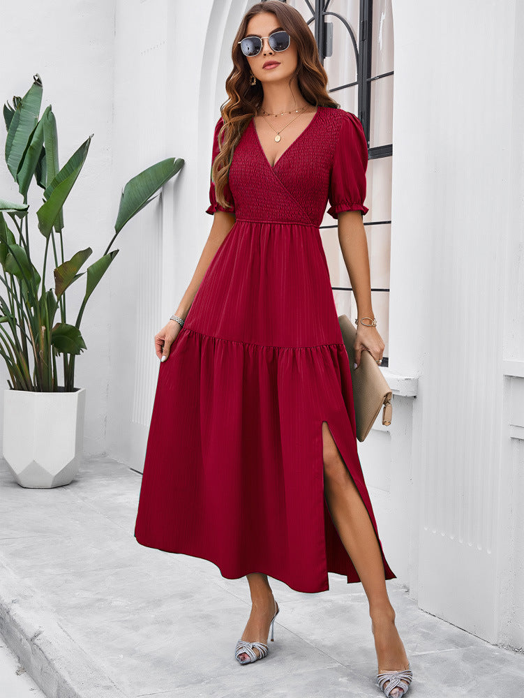 V-Neck Short Sleeved Long Dress