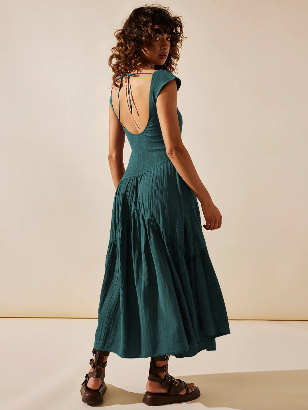 Teal Square Neck Pleated Sleeveless Waist Dress