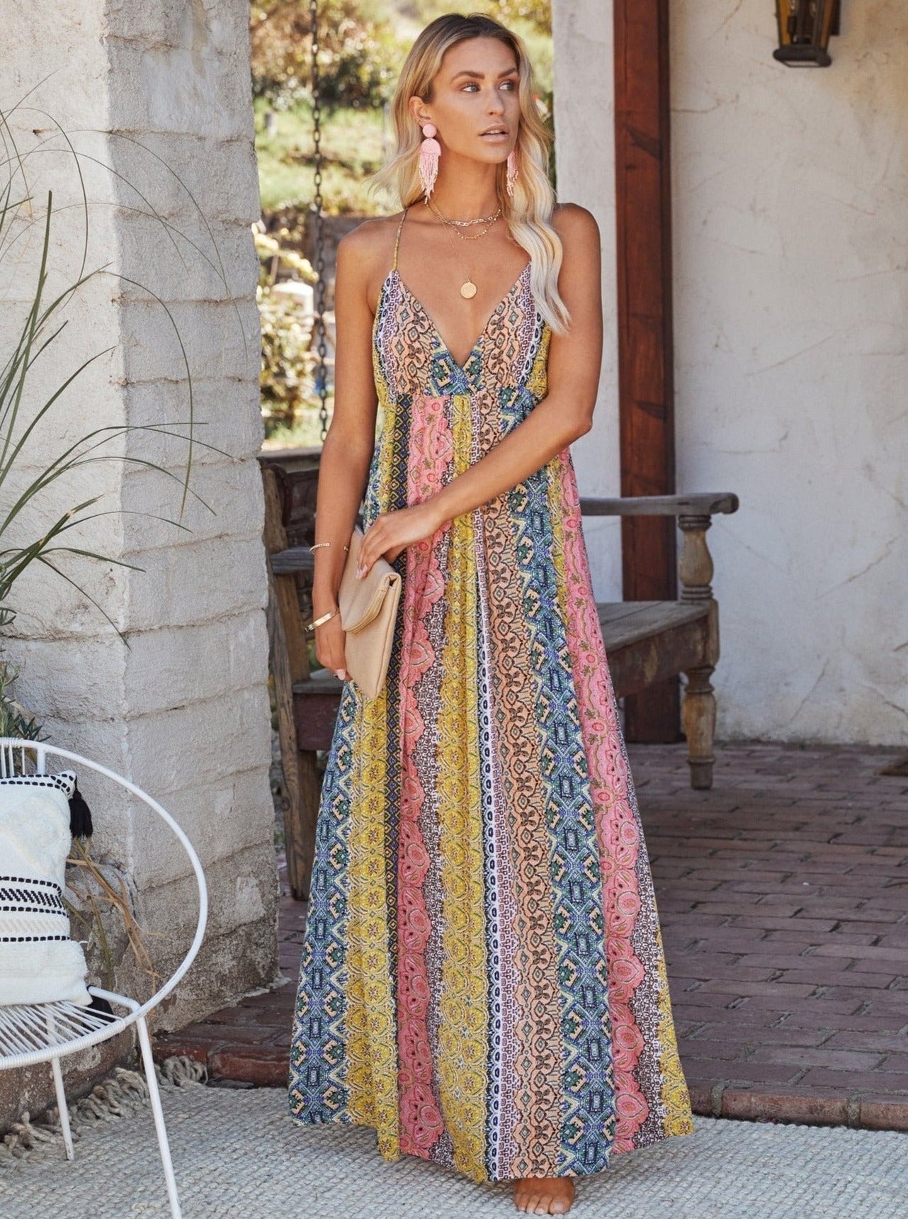 Ärmelloses Kleid im Bohemian-Stil mit rustikalem Aufdruck 