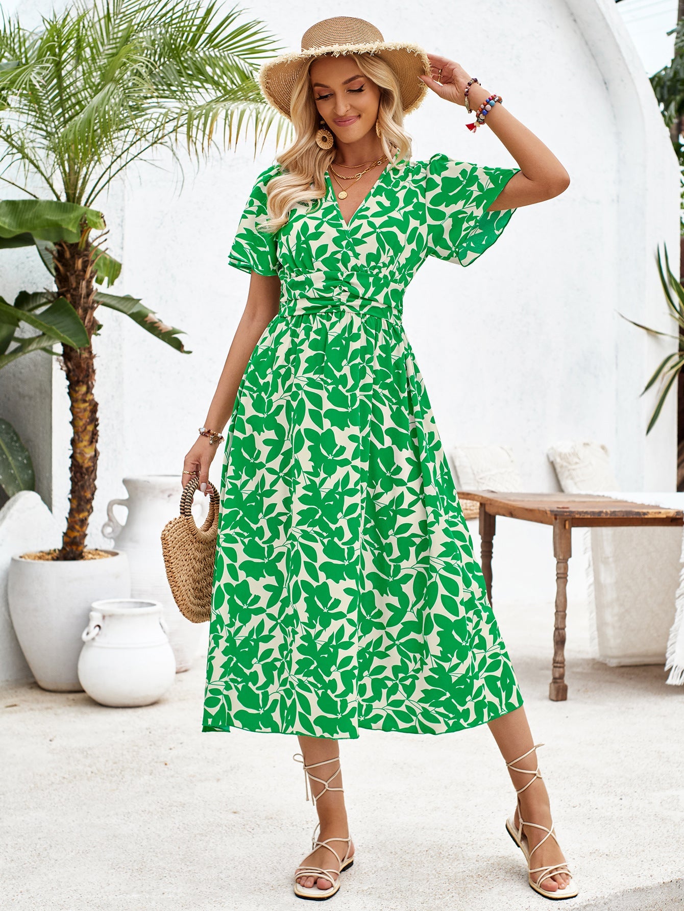 Women's Fashionable Summer V-Neck Floral Split Dress