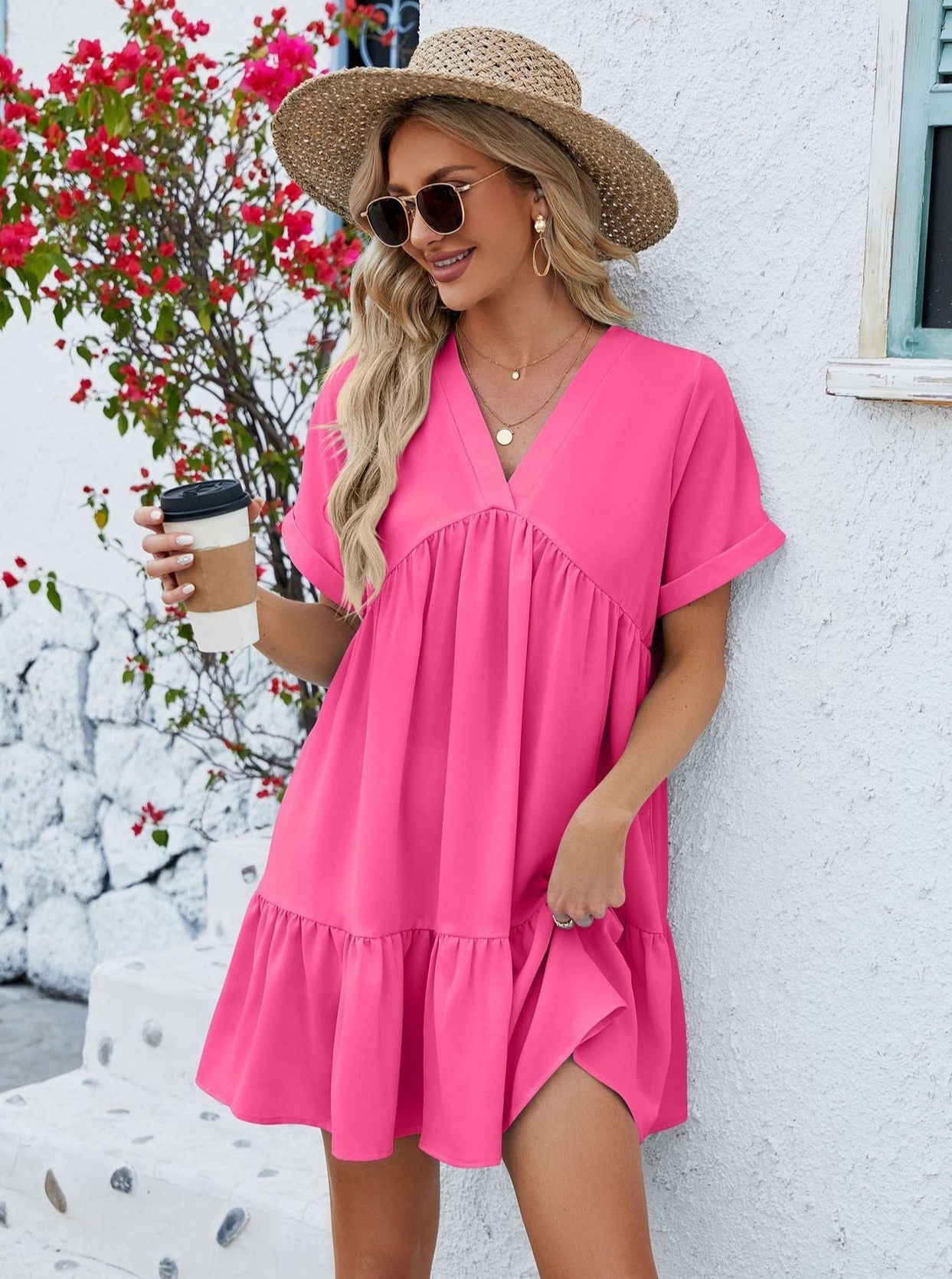 Pink V-Neck Loose Pleated Dress